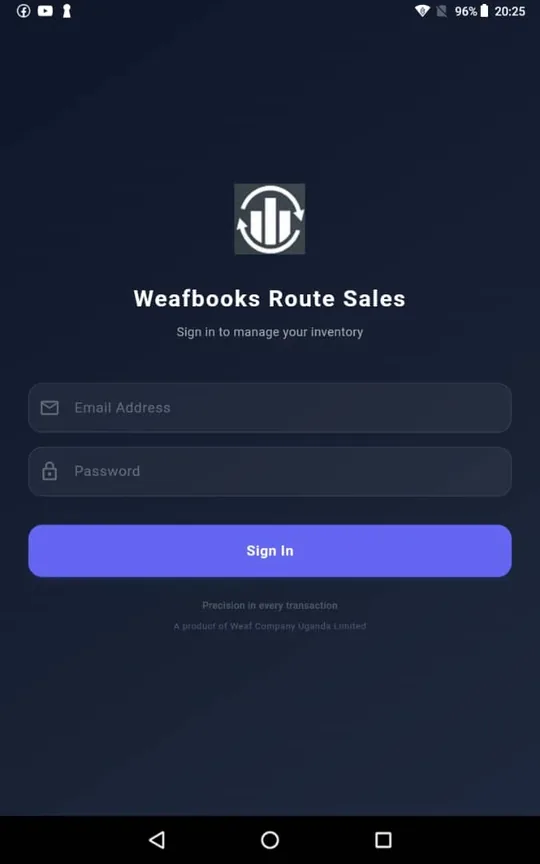 Weafbooks Route Sales app: Sign in. On the phone or tablet the rep already carries, against the branch they are selling out of.